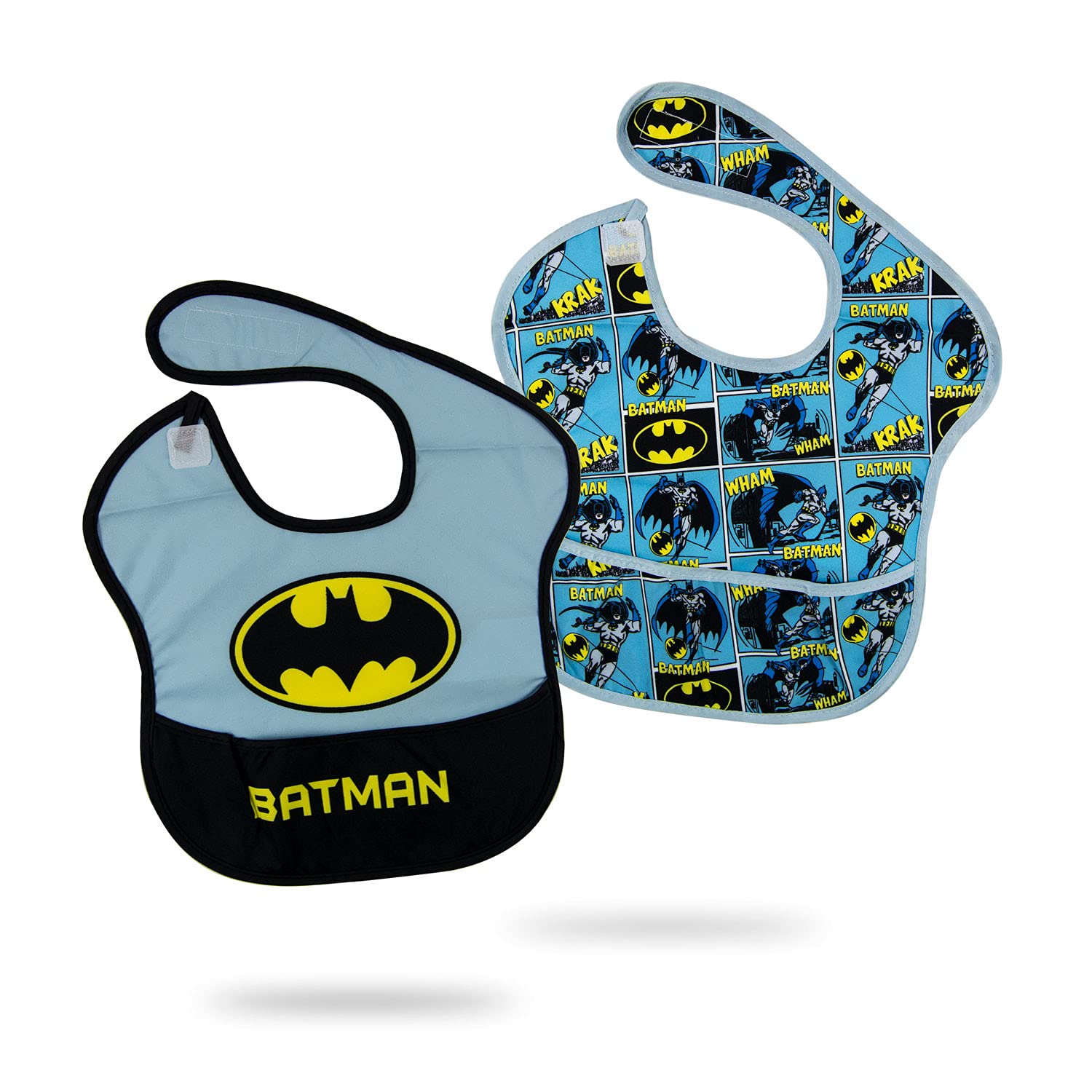 WarnerBros Warner Bros. Batman Bibs - Washable, Stain and Odor Resistant, 100% Water-Proof, Pack of 2. Age: 6 – 24 months, Multicolor, TRHA15987B, WB Batman PO2 Bibs