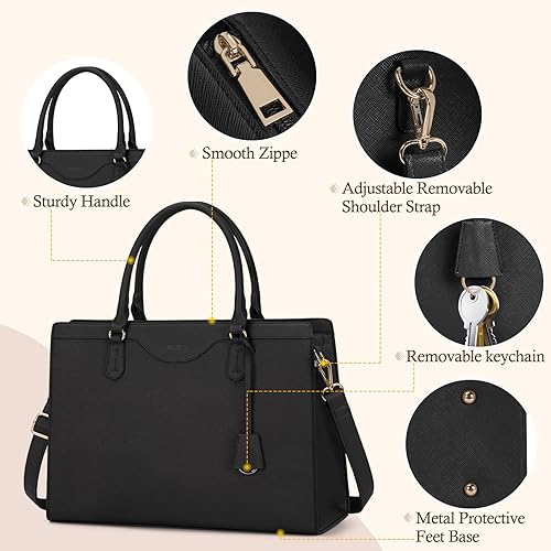 Miniatura 3 de Bolsa para laptop para mujer, 15.6 pulgadas, impermeable, de piel, bolsa de mano para computadora, negocios, oficina, trabajo, maletín de gran