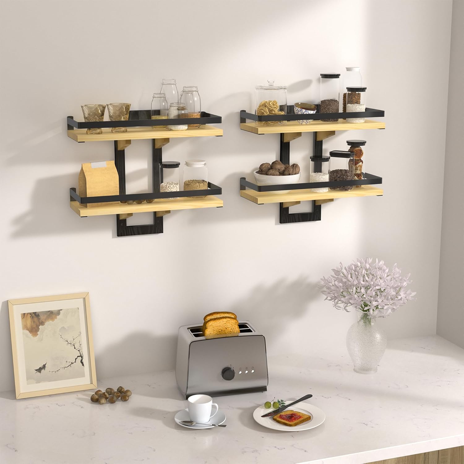 Floating Shelves for Wall, 2-Tier Wood Hanging Decor Storage Shelves, Wall Mounted Floating Shelf for Living Room, Bedroom, Bathroom, Kitchen, Office, Study (2-Pack Wood)