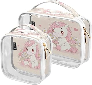 Unicorn Daisies Beige Print Clear Makeup Bags TSA Approved Toiletry Bag for Women Men Cosmetic Bags with Zipper Carry On Airport Airline Compliant Bag for Toiletries Cosmetics, 2 Pack