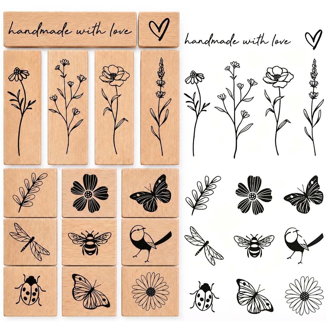 15 Pack Vintage Wooden Rubber Stamps - Botanical and Insect Craft Set