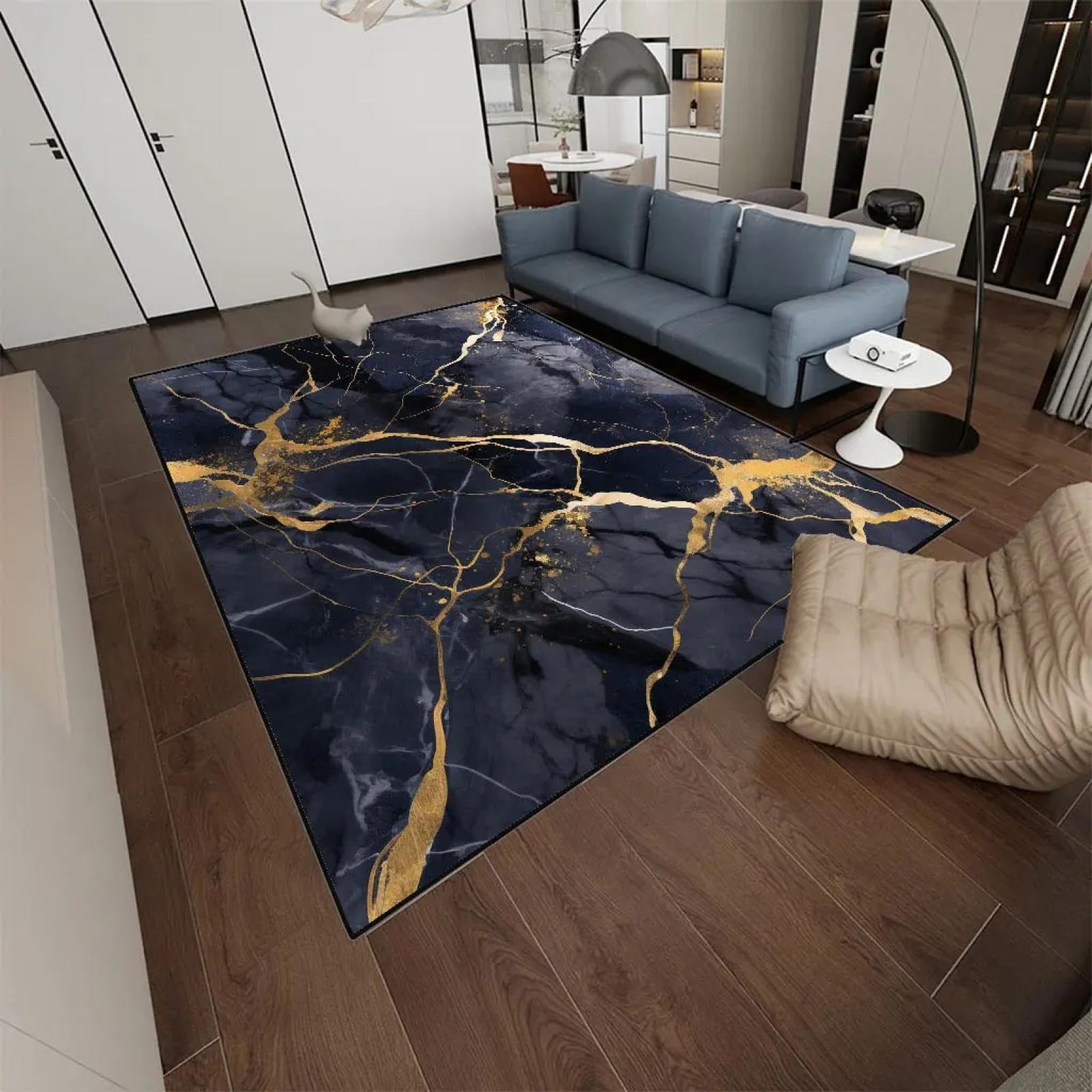 Tapis grande surface noir imitation marbre et décoration de salon moderne 120x170