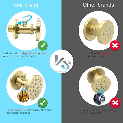 Miniatura 3 de Chorros de ducha de latón macizo con interruptor de encendido y apagado, rociadores de cuerpo de ducha redondos dorados cepillados, chorros de pared