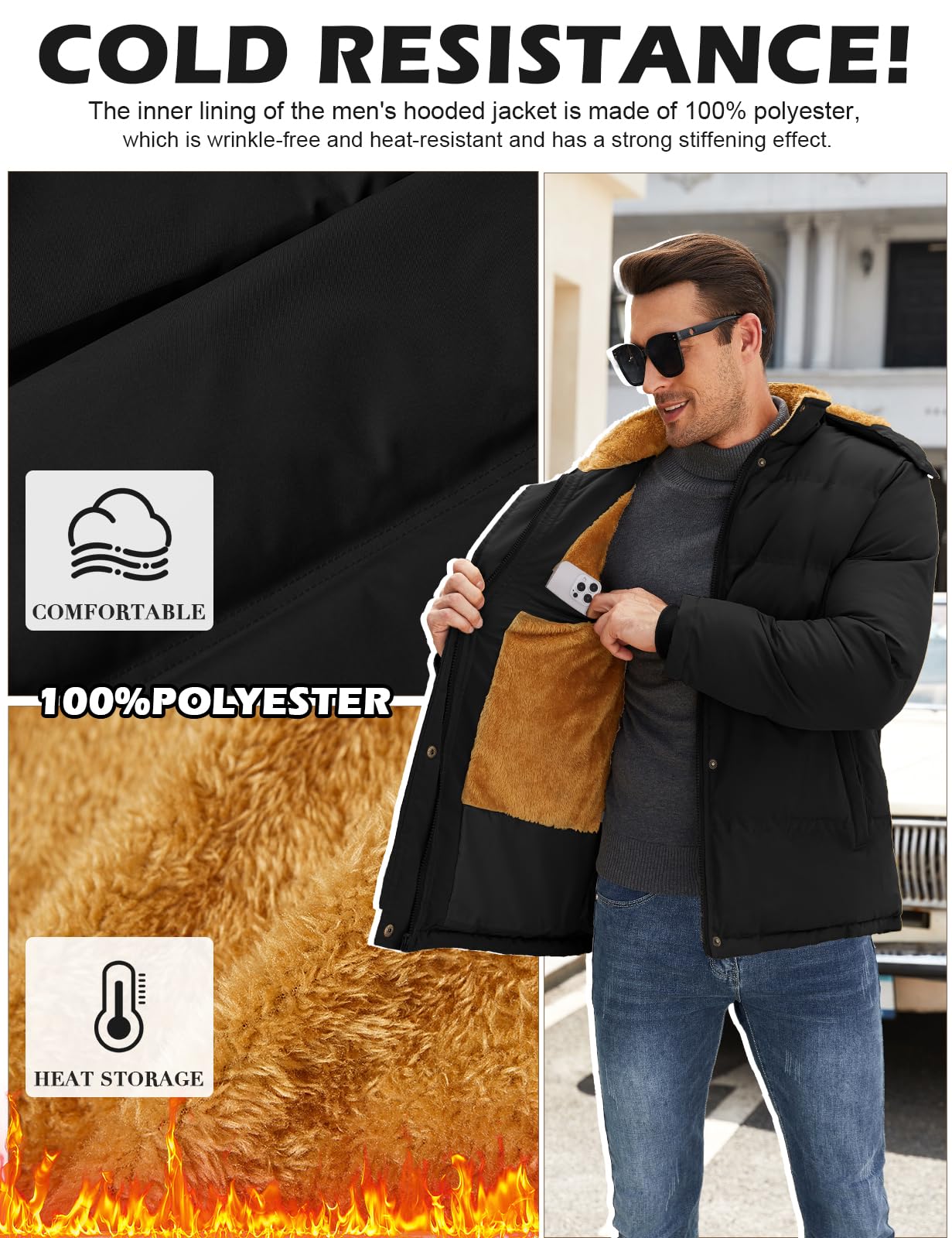 Yuson Girl Abrigo Hombre Invierno Parka Forro Polar Cálido Chaqueta con Cremallera Gruesa Termal Cazadora Abrigos Desmontable Prueba de Viento Acolchado de Algodón Abrigo con Capucha
