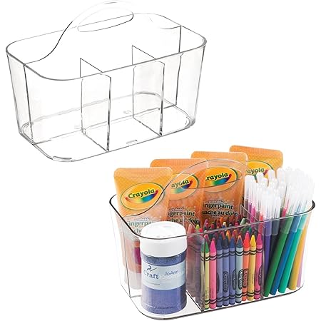 mDesign Plastic Portable Craft Storage Organizer Caddy Tote, Divided Basket Bin with Handle for Crafts, Sewing, Art Supplies - Holds Brushes, Colored Pencils - Lumiere Collection - 2 Pack - Clear