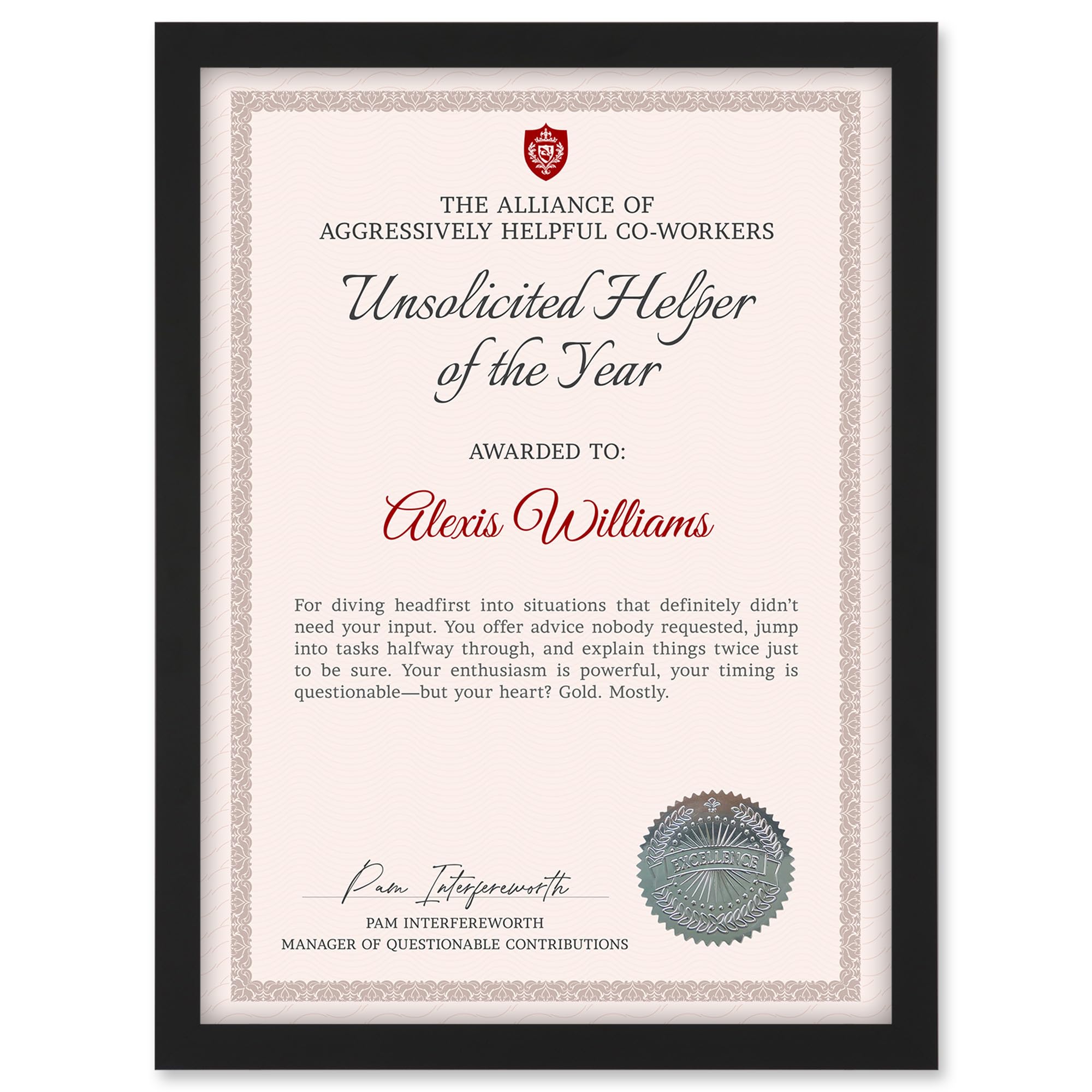 Artery8 Personalised Fun Fake Certificate Unsolicited Helper of the Year Funny Gag A4 Black Framed Work Office Diploma Novelty Award