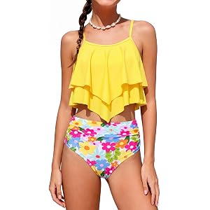 HOZIY Girls Bikini 2 Piece Swimsuit Set Tiered Flounce Bathing Suit Adjustable Straps Girls' Swimwear