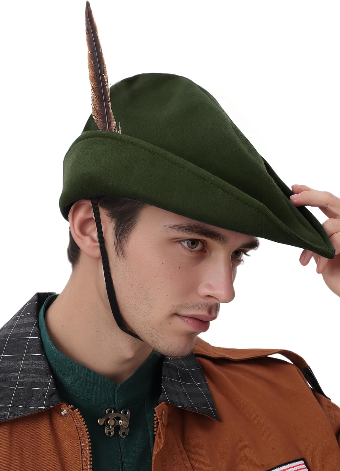 PROCOS Renaissance Robin Hat with Feather Felt Bycocket Hunter Hats Medieval Accessory for Mens Womens