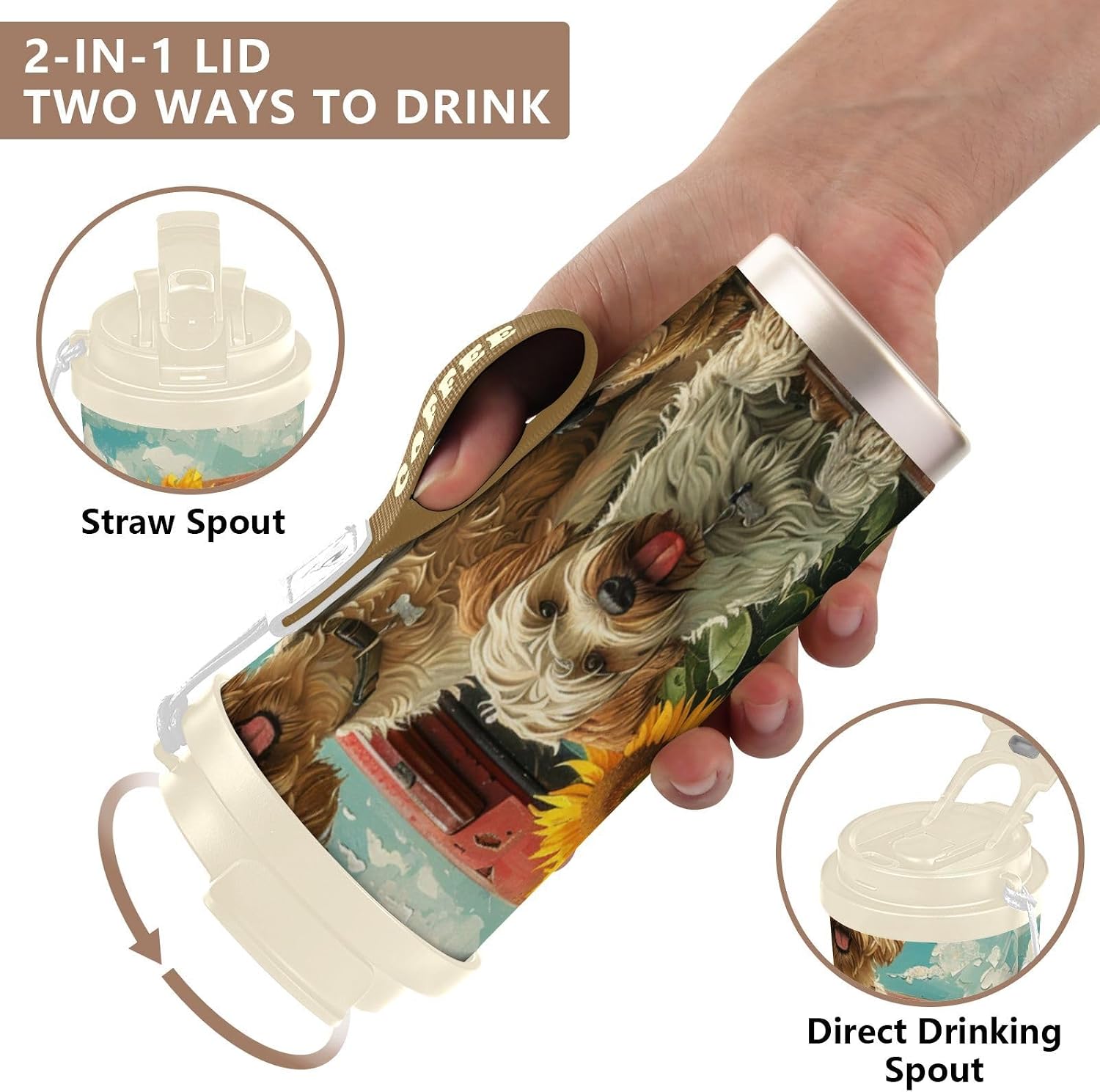 Dog Truck Sunflower Retro Insulated Coffee Mug with Straw & Flip Lid, 16.9oz Iced Tumbler Cup, Double Wall Vacuum Mug for Travel Office