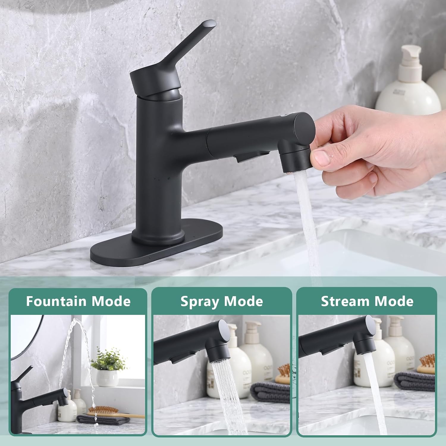 Bathroom Sink Faucet with Pull Out Sprayer, Single Handle Modern Bathroom Basin Faucet with Pop-up Sink Drain Stopper & Deck Plate 1 or 4-inch Centerset 3 Hole, Matte Black