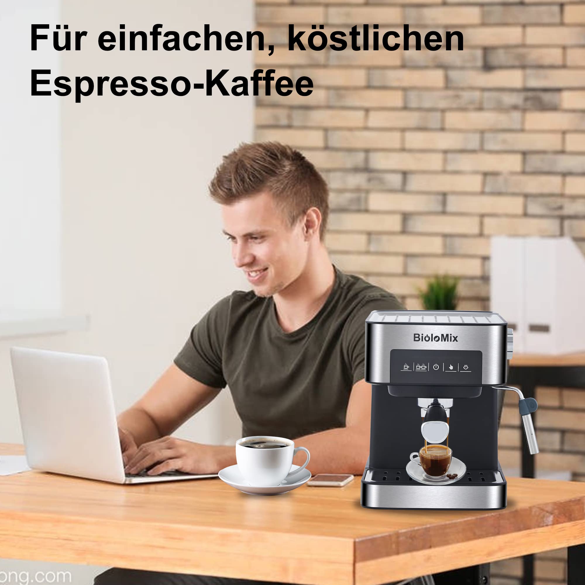 Biolomix Espressomaschine Siebträgermaschine 20 Bar,Filterhalter mit Doppelauslauf,Milchaufschäumdüse,abnehmbarer Wassertank, für 1-2 Tassen,Espresso,Cappuccino und Latte Machiato