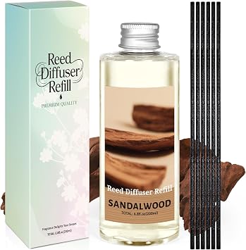 Reed Diffuser Oil Refill, Sandalwood Diffuser Oil 6.76 Fl Oz | Natural Scented Essential Oil Refill Long Lasting Summer Home Fragrance for Bathroom Bedroom Spa Aromatherapy Home Decor