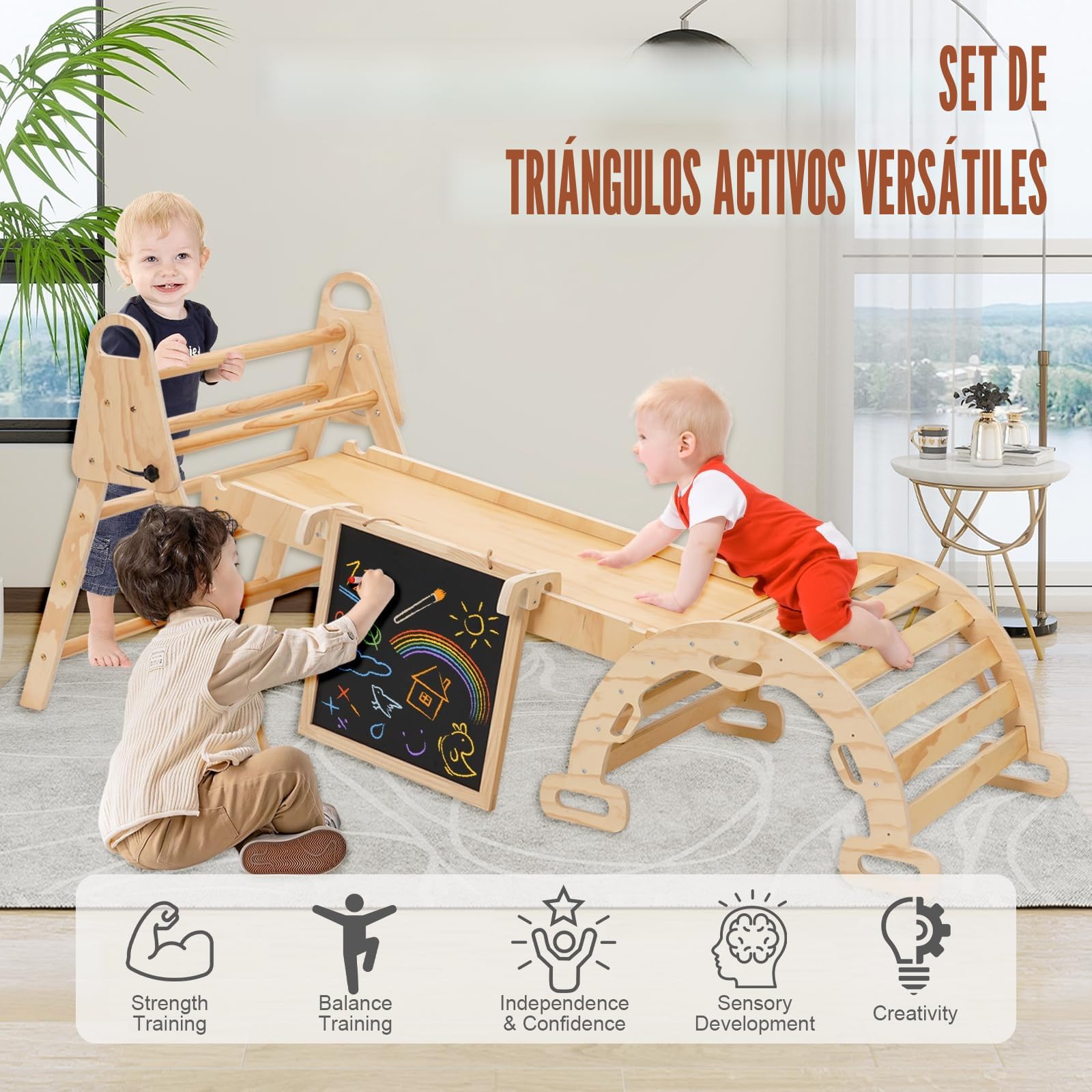 8en1 Madera Triangle Set Triángulo de Escalada Montessori de Interior con Arco Montessori Madera, Tobogán y Mini Tablero de Dibujo Infantil Parque de Escalada Montessori de 1 a 6 Años