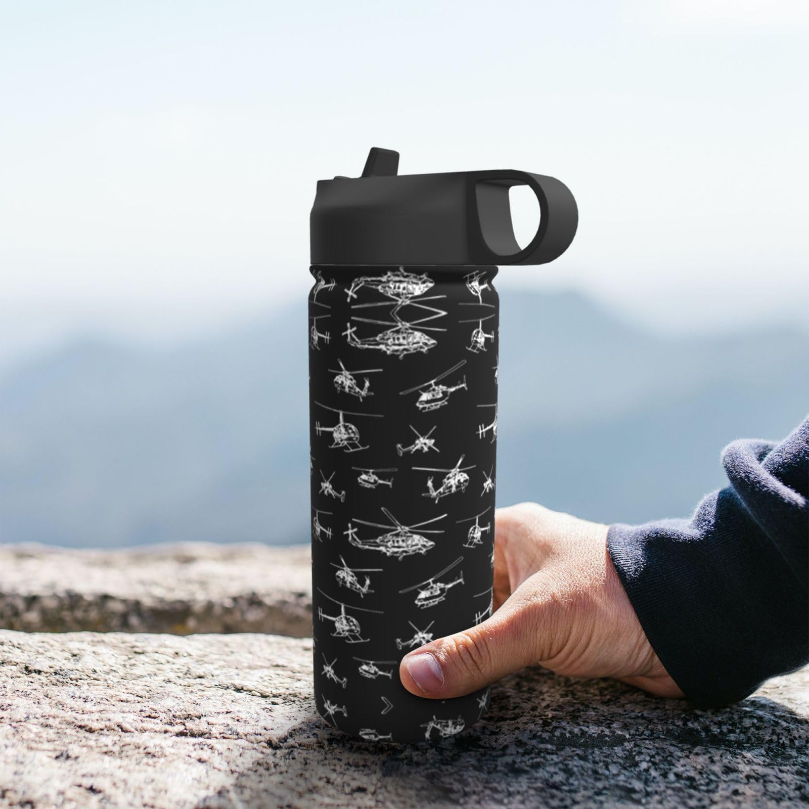 Sport-Trinkflasche mit Hubschrauber-Motiv, 530 ml, isoliert, mit Strohhalm