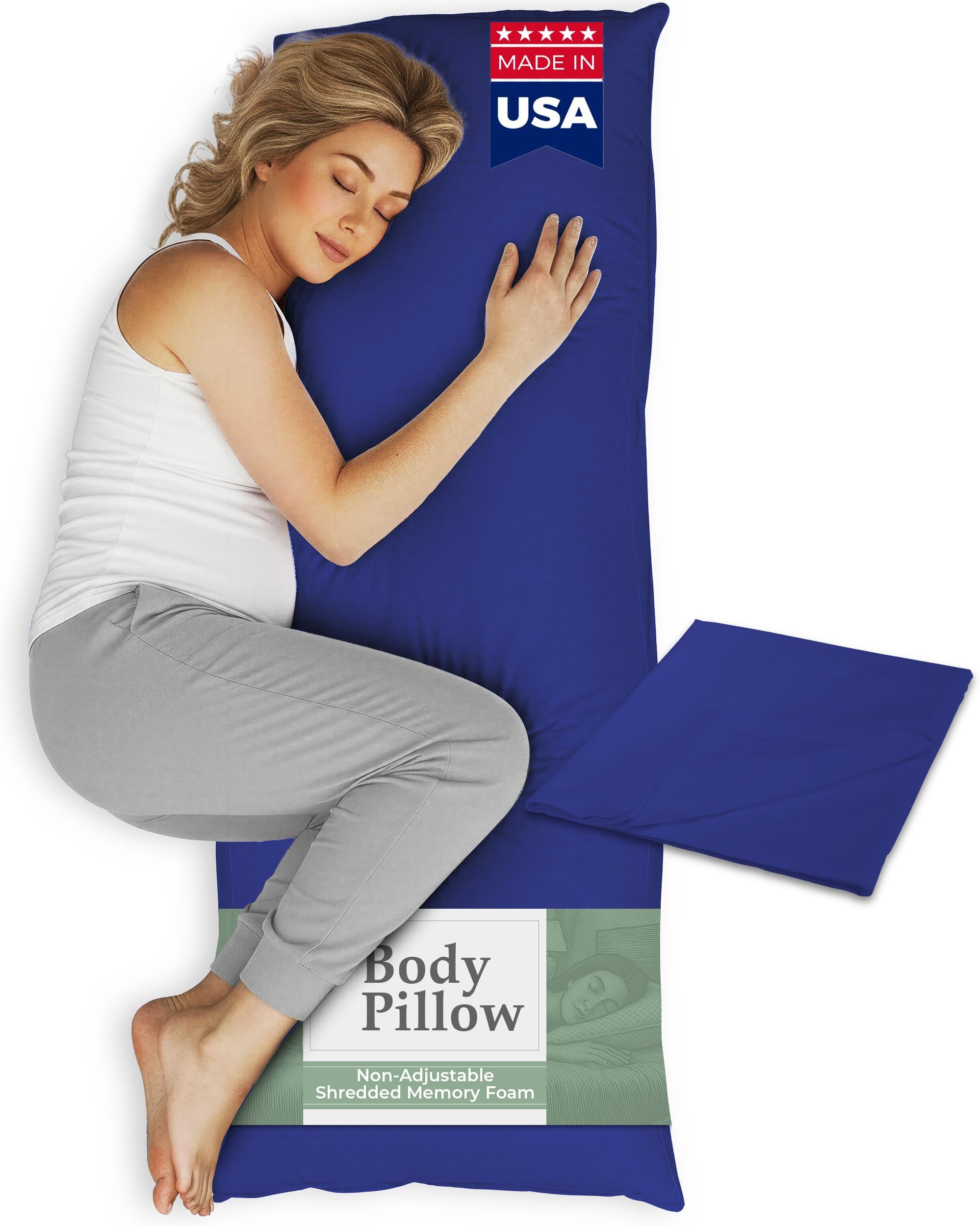 Snuggle-Pedic Body Pillow for Adults w/Navy Pillowcase - Pregnancy Pillows w/Shredded Memory Foam - Firm Maternity Side Sleeper Pillow for Adults - Long Cuddle Pillow for Bed - 20x54