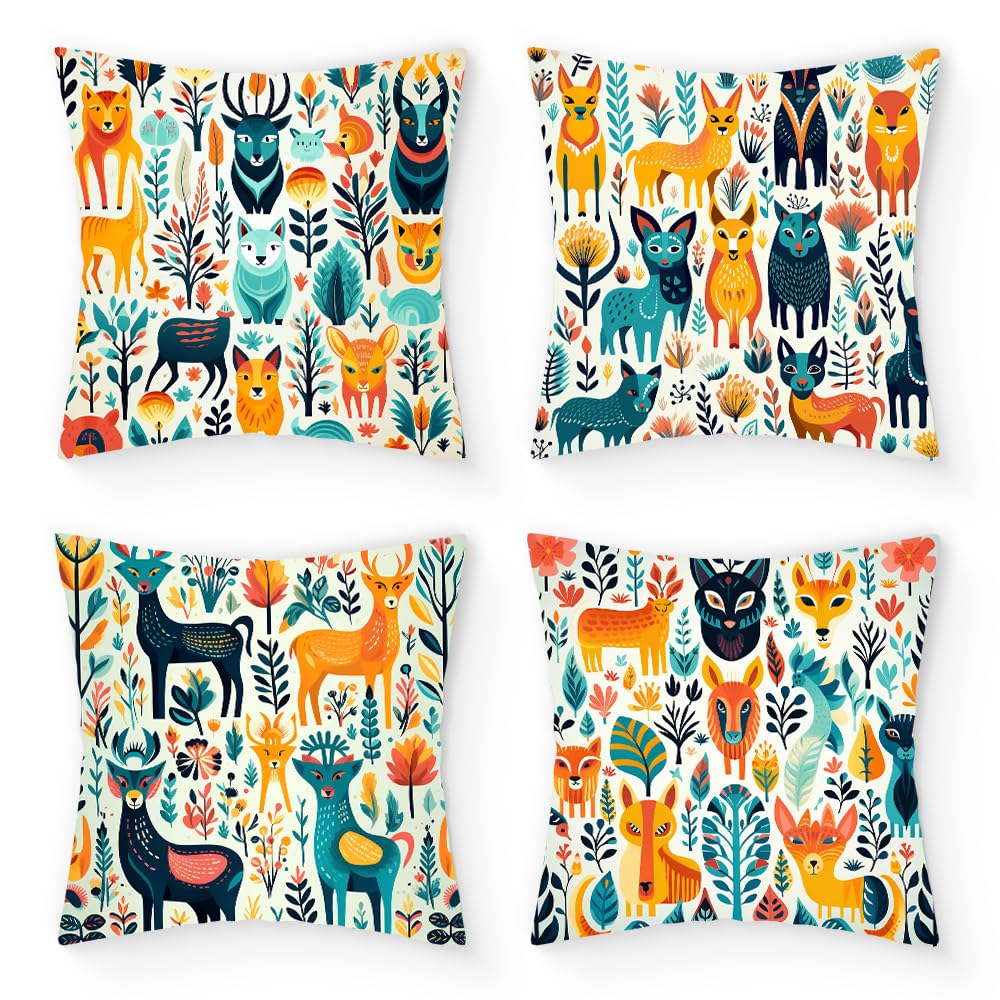 Umootek 4pcs Cute Animals Throw Pillow Covers Set, 18"X18" Square Colorful Funny Lion Giraffe Dog Cow Printed Pattern Decorative Cushion Cover, for Sofa Couch Home Farmhouse Decor Cushion Case