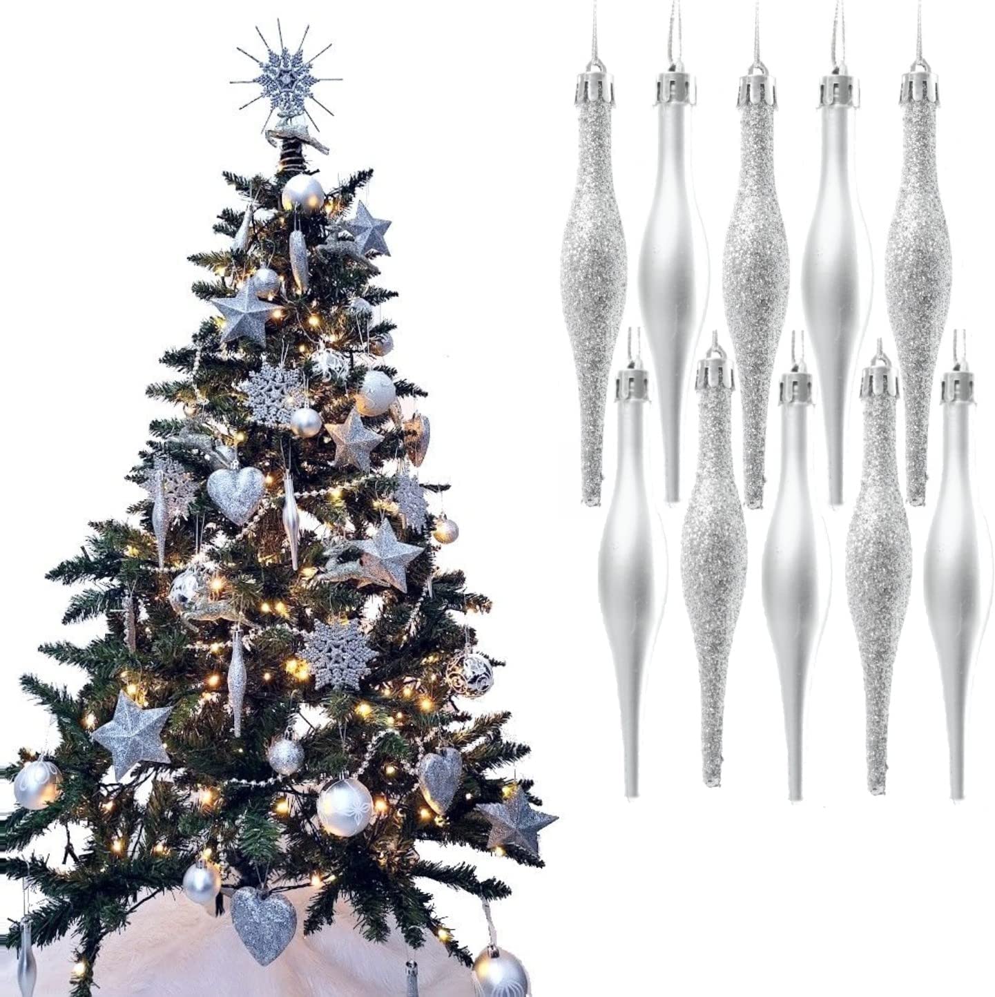 Ukdeals Direct Silver Ukdeals Direct® Collection Christmas Droplet Baubles Tree Decorations Glitter Matt Icicles (Pack Of 10 Droplets 120Mm)