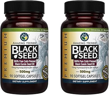 Amazing Herbs Premium Black Seed Oil Capsules - Gluten Free, Non GMO, Cold Pressed Nigella Sativa Aids in Digestive Health, Immune Support- 90 Count, Pack of 2