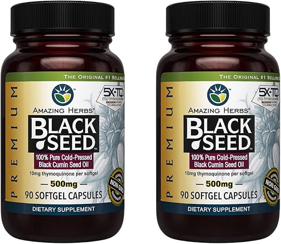 Amazing Herbs Premium Black Seed Oil Capsules - Gluten Free, Non GMO, Cold Pressed Nigella Sativa Aids in Digestive Health, Immune Support- 90 Count, (Pack of 2)