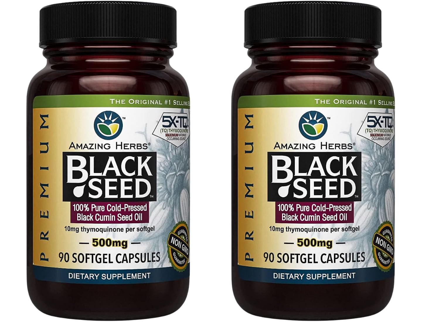 Amazing HerbsPremium Black Seed Oil Capsules - Gluten Free, Non GMO, Cold Pressed Nigella Sativa Aids in Digestive Health, Immune Support, Brain Function - 90 Count, 500mg (Pack of 2)