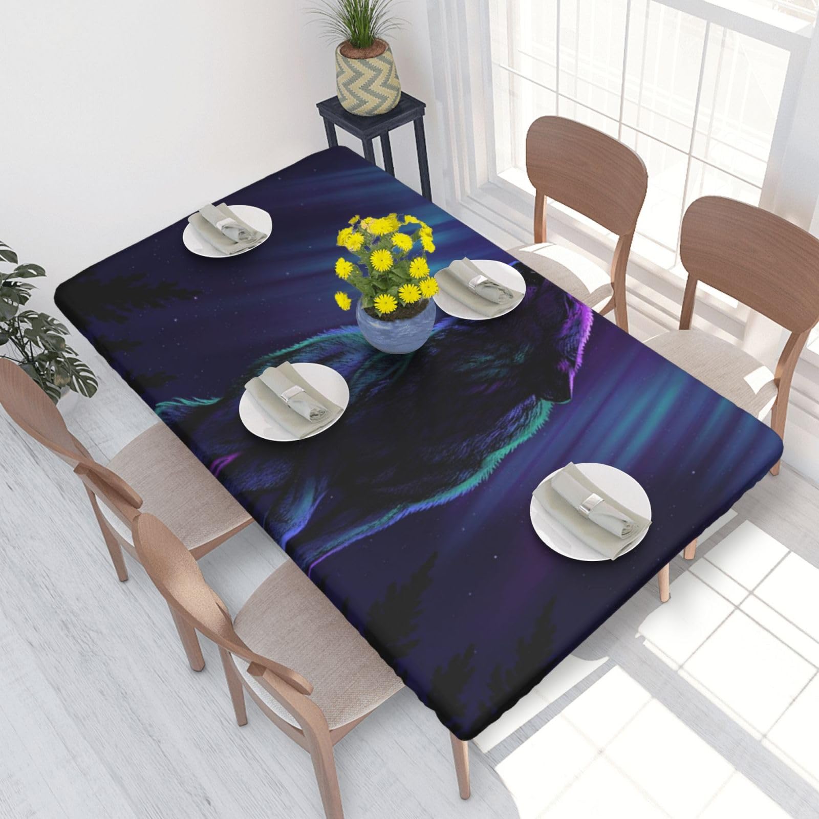 BNVSADC Wolves Howl in the Northern Lights Printed 4FT Tablecloth 122x76 CM Polyester Kitchen Water Resistant Table Cloth Dining Table Decoration Table Covers