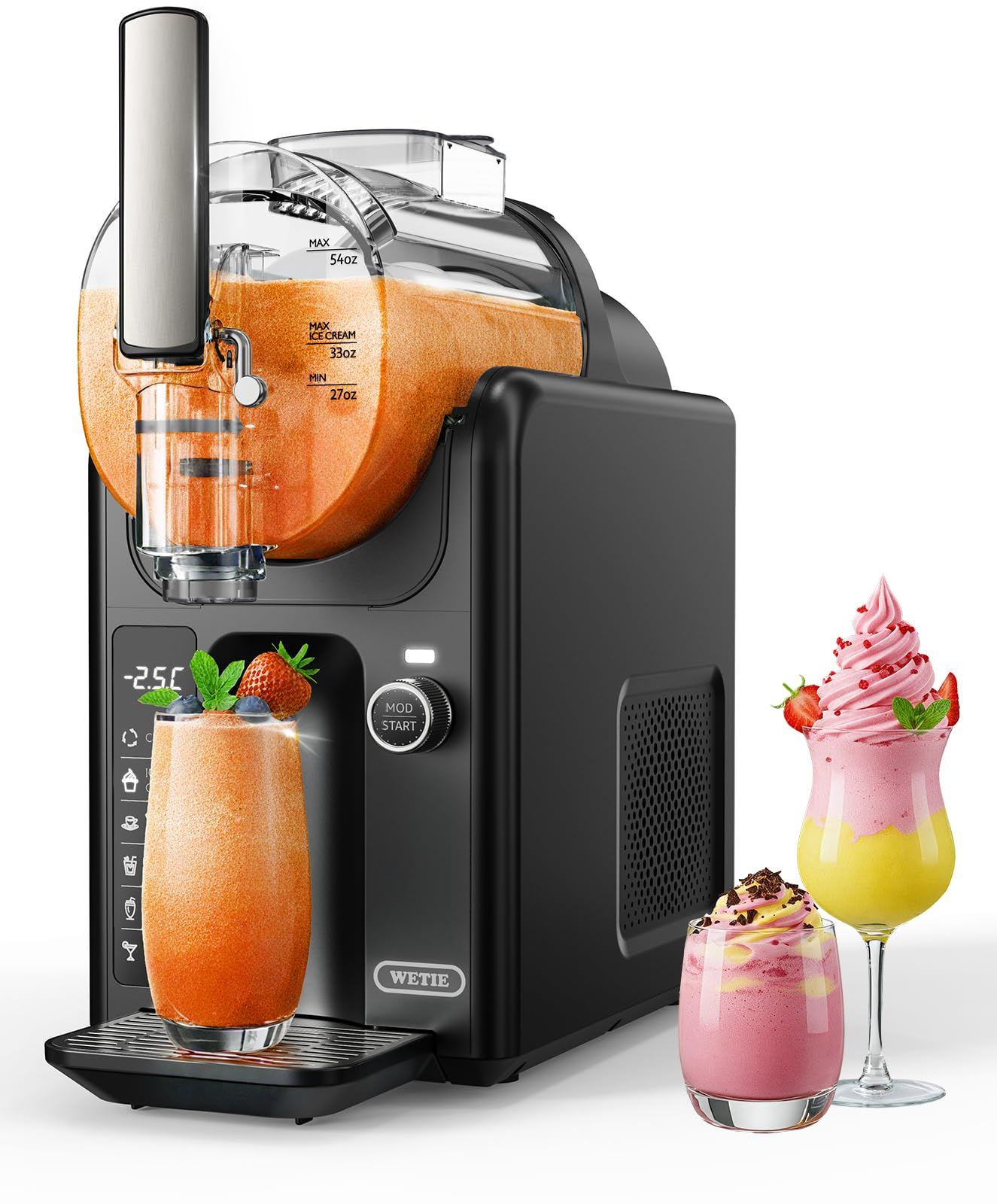 WETIE Slushie Machine, 82oz Slushy Maker with Adjustable Temperature, LED Display, Auto-Clean, 5-in-1 Frozen Drink Maker for Ice Cream, Frappés, Milkshake, Frozen Margaritas, 24H Running for Home