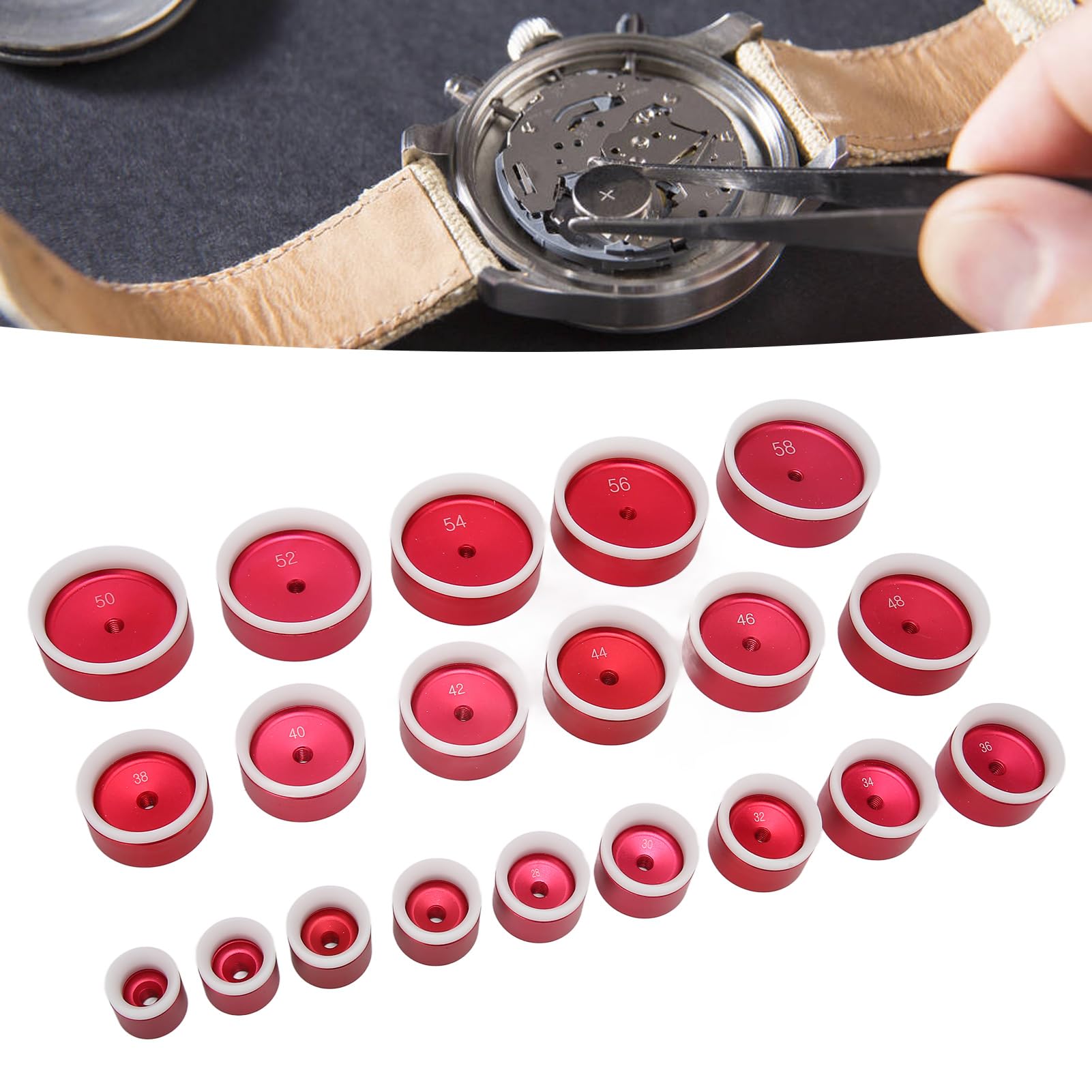 Uhren-Lünettenstanzen-Set, 20-teiliges Kit, Größe 20 mm bis 58 mm, Aluminiumlegierung, Uhrengehäuse-Presswerkzeug für Uhrmacherei und Batteriewechsel