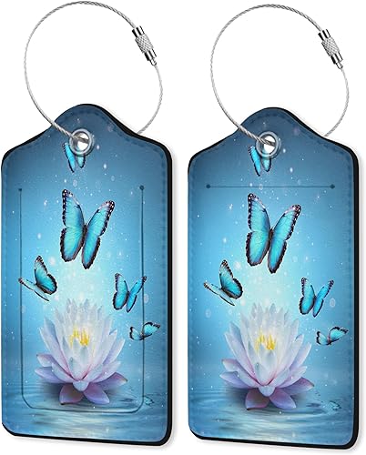 Juego de 2 etiquetas de cuero para equipaje con diseño de mariposas y loto, cubierta de privacidad, etiqueta de maleta con lazo de acero inoxidable