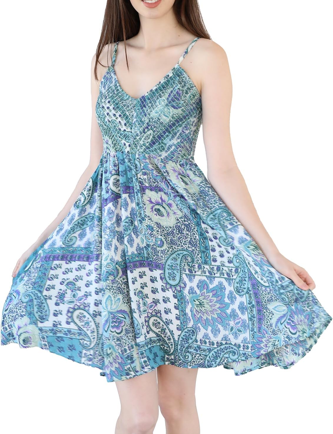 Angie Women's Printed Deep V Smocked Bodice Dress