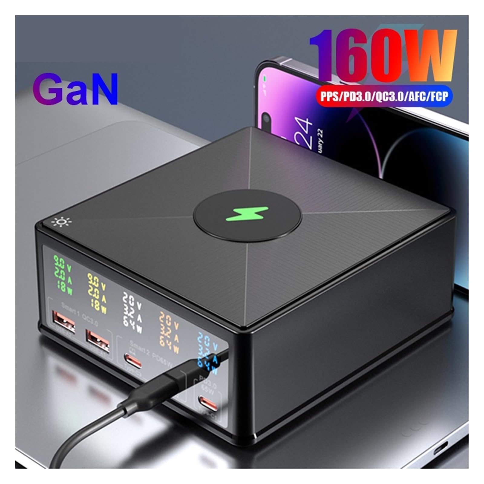 Caricatore USB C, Caricatore da tavolo USB C GaN da 160 W con display LED, caricabatterie wireless 6 in 1 PD 65 W QC3.0 Adattatore di alimentazione for stazione di ricarica rapida, Veloce, Efficiente