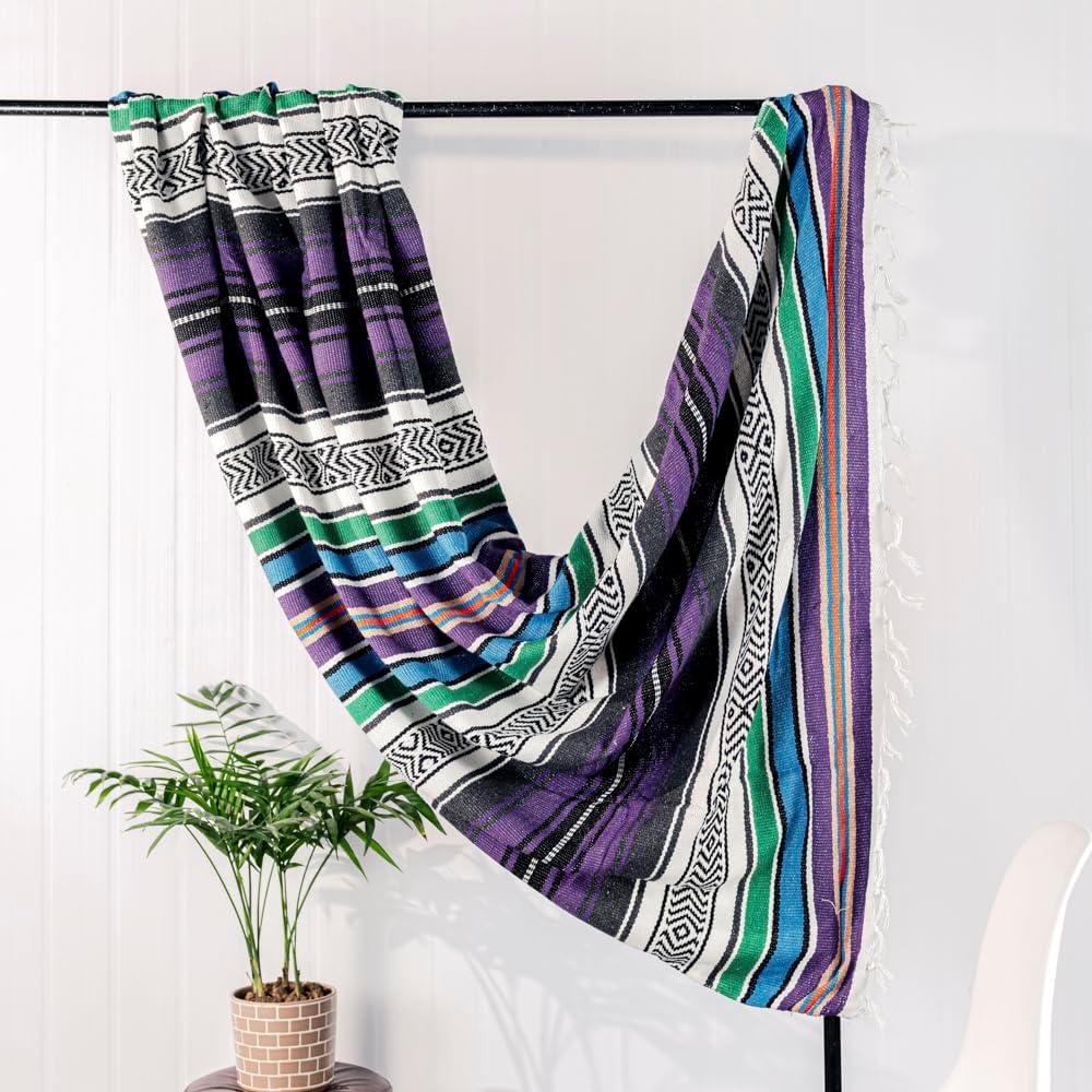 Mexican Blanket Throw with Tassels, 69 x 51 Inches Large Woven Serape Blanket, Boho Striped Picnic Yoga Beach Blanket, Soft Durable Tribal Falsa Blanket for Couch Outdoor Travel - Purple-Blue