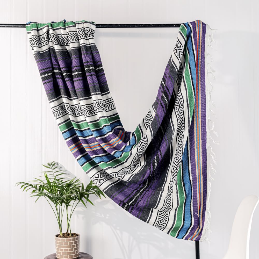 Detailed close-up of Mexican Blanket Throw with Tassels, 69 x 51 Inches Large Woven Serape Blanket, Boho Striped Picnic Yoga Beach Blanket, Soft Durable Tribal Falsa Blanket for Couch Outdoor Travel - Purple-Blue showcasing its authentic craftsmanship