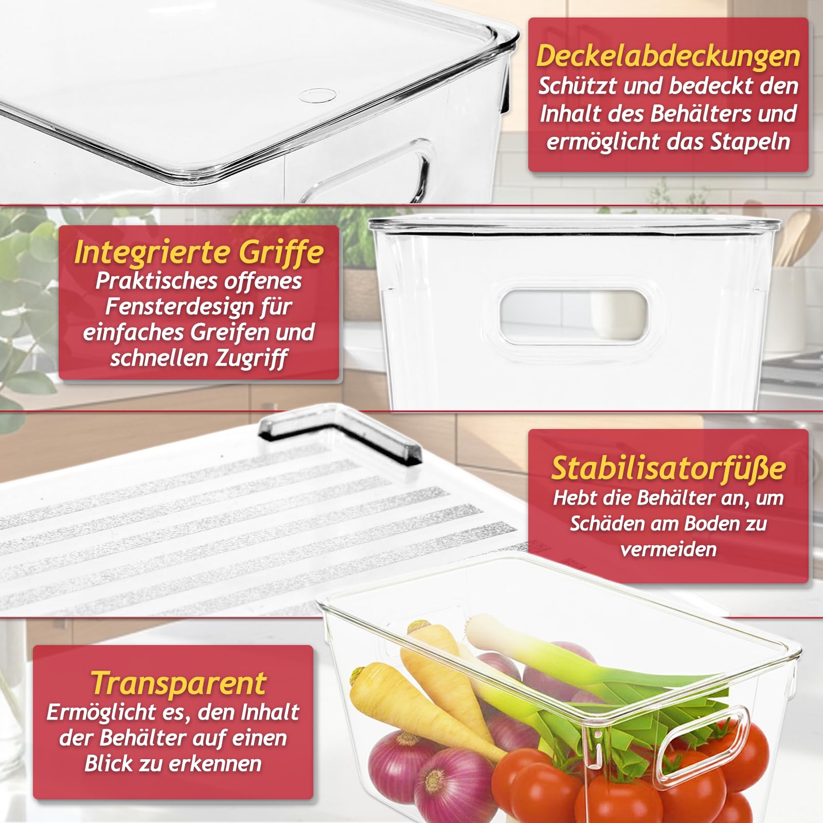 Spares2go Stapelbare Aufbewahrungsbehälter Organizer Box Tabletts mit Deckel Klar Kühlschrank Lebensmittel Getränke Speisekammer Schrank Haushalt Aufbewahrung Schubladen Set (8 Stück)