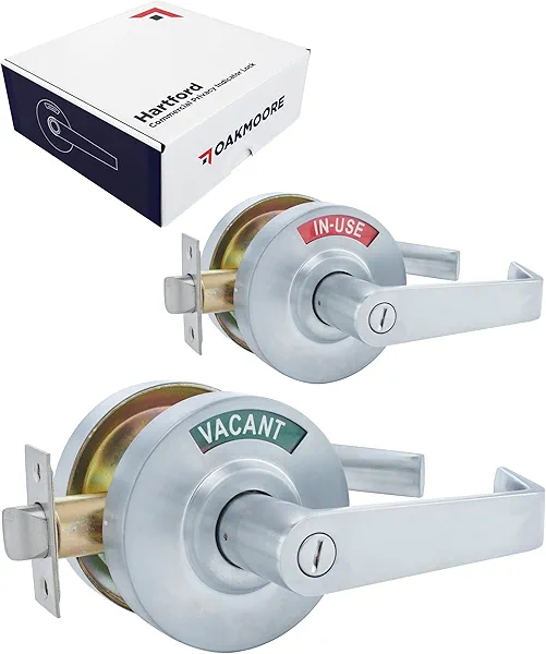 OAKMOORE Commercial Grade Bathroom Door Lock Handle with Occupancy Indicator - See Occupied Vacancy or Engaged Status On Public Restrooms and Bathrooms Locks - 2-Year Warranty, Silver