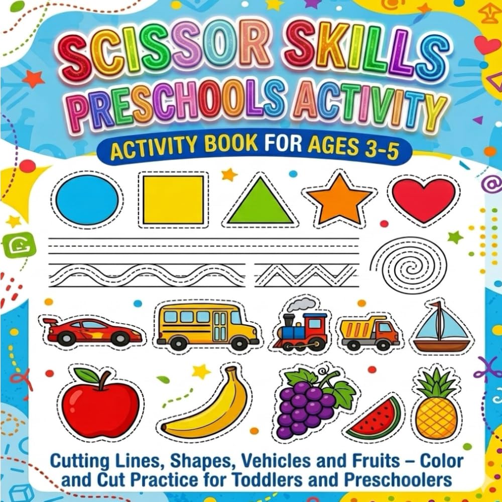 Scissor Skills Preschool Activity Book for Kids Ages 3–5: Cutting Practice with Lines, Shapes, Vehicles & Fruits | Color and Cut Activities to Build ... & Preschoolers (Cut, Paste & Create!)