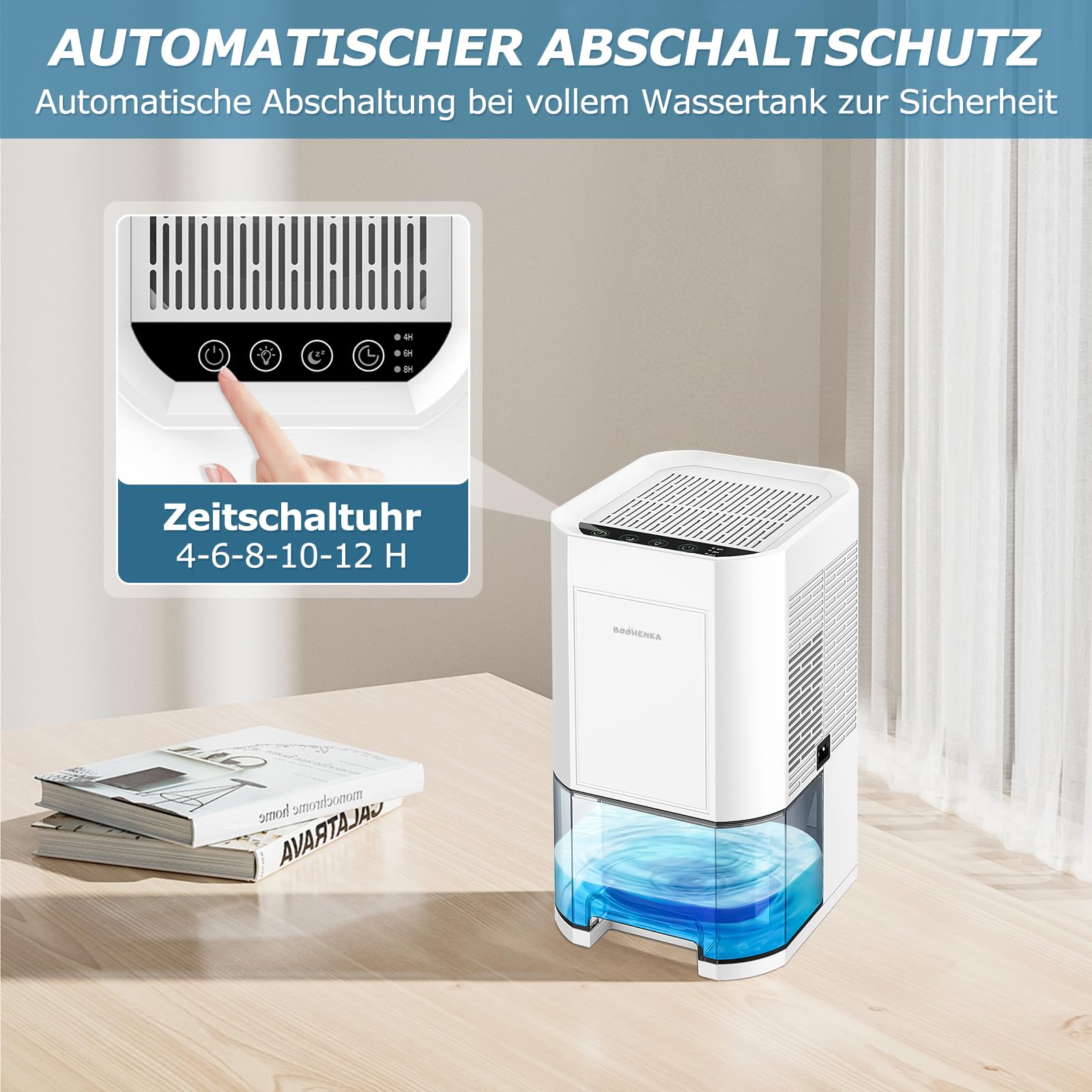 BOOHENKA Elektryczny osuszacz powietrza, 1200 ml, mały dehumidifier, automatyczne rozmrażanie do piwnicy, łazienki, 7 kolorów, z timerem, przeciwdziała wilgoci, bardzo cichy