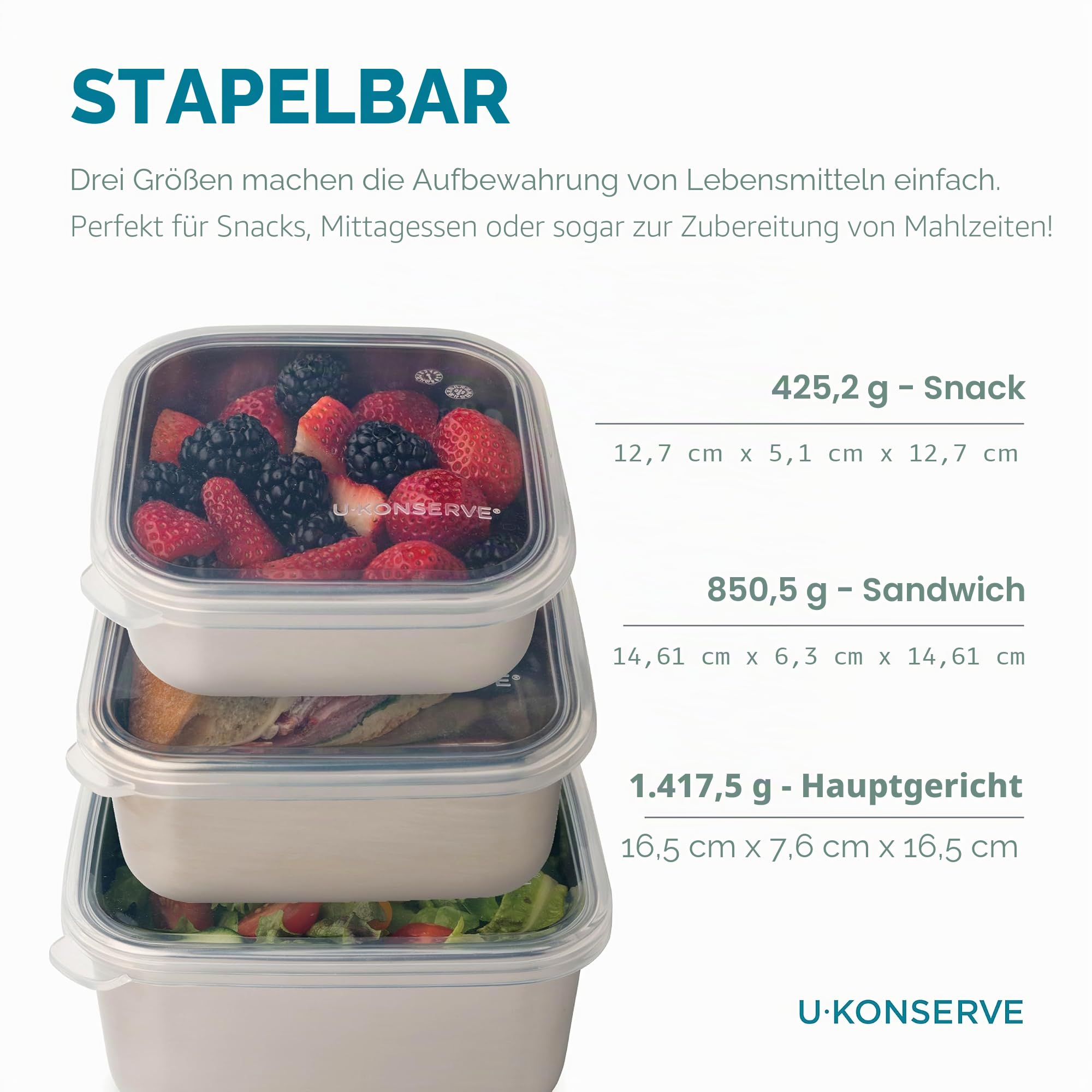U Konserve Edelstahl verschachtelte Trio Frischhaltedose Bento-Box, 3er-Set (15, 30 & 1,4 l), auslaufsicher, Silikondeckel, spülmaschinenfest, plastikfrei