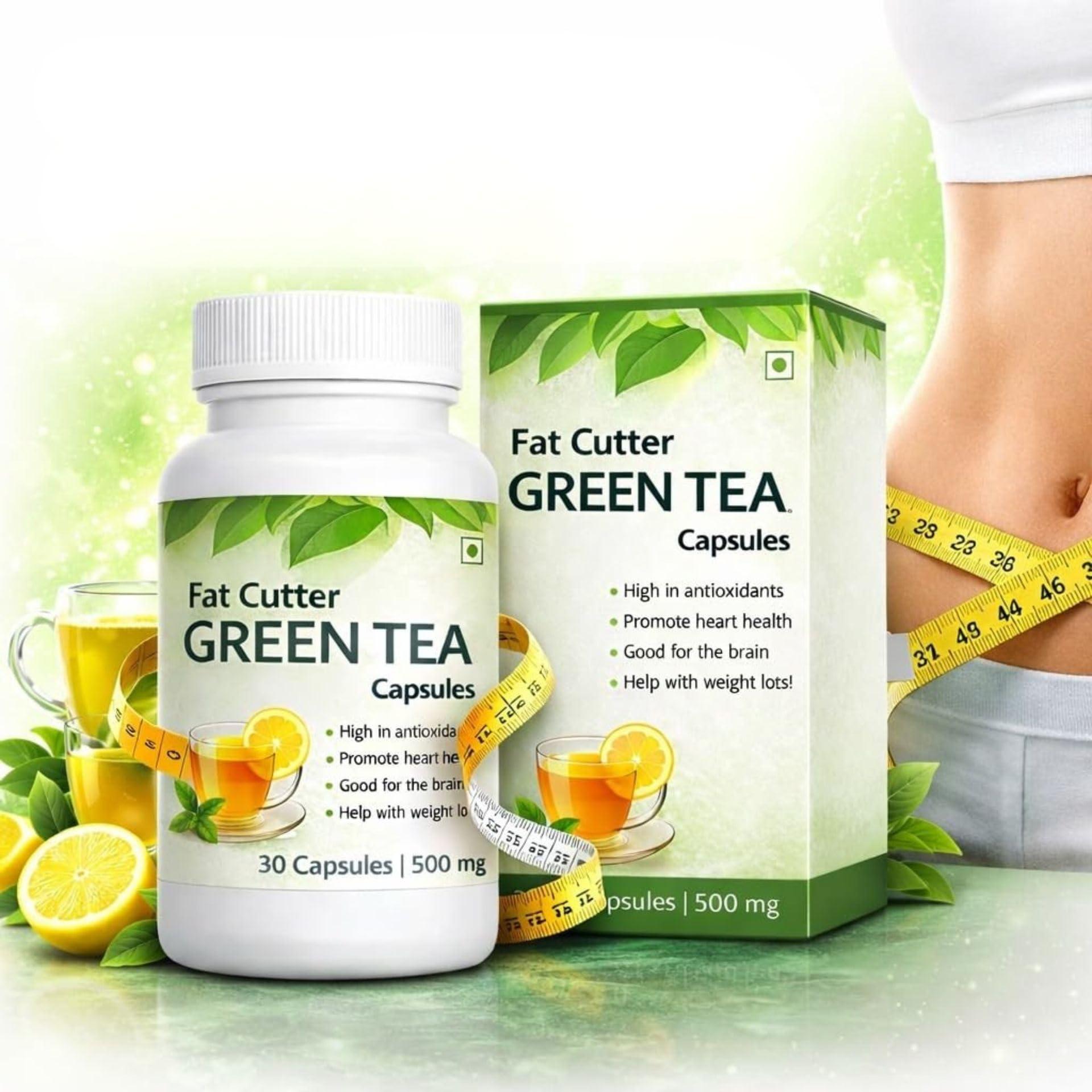 Ovelis Fat Cutter Green Tea Capsules, 500 mg, High in Antioxidants, Promotes Heart Health, Weight Loss, 30 Capsules