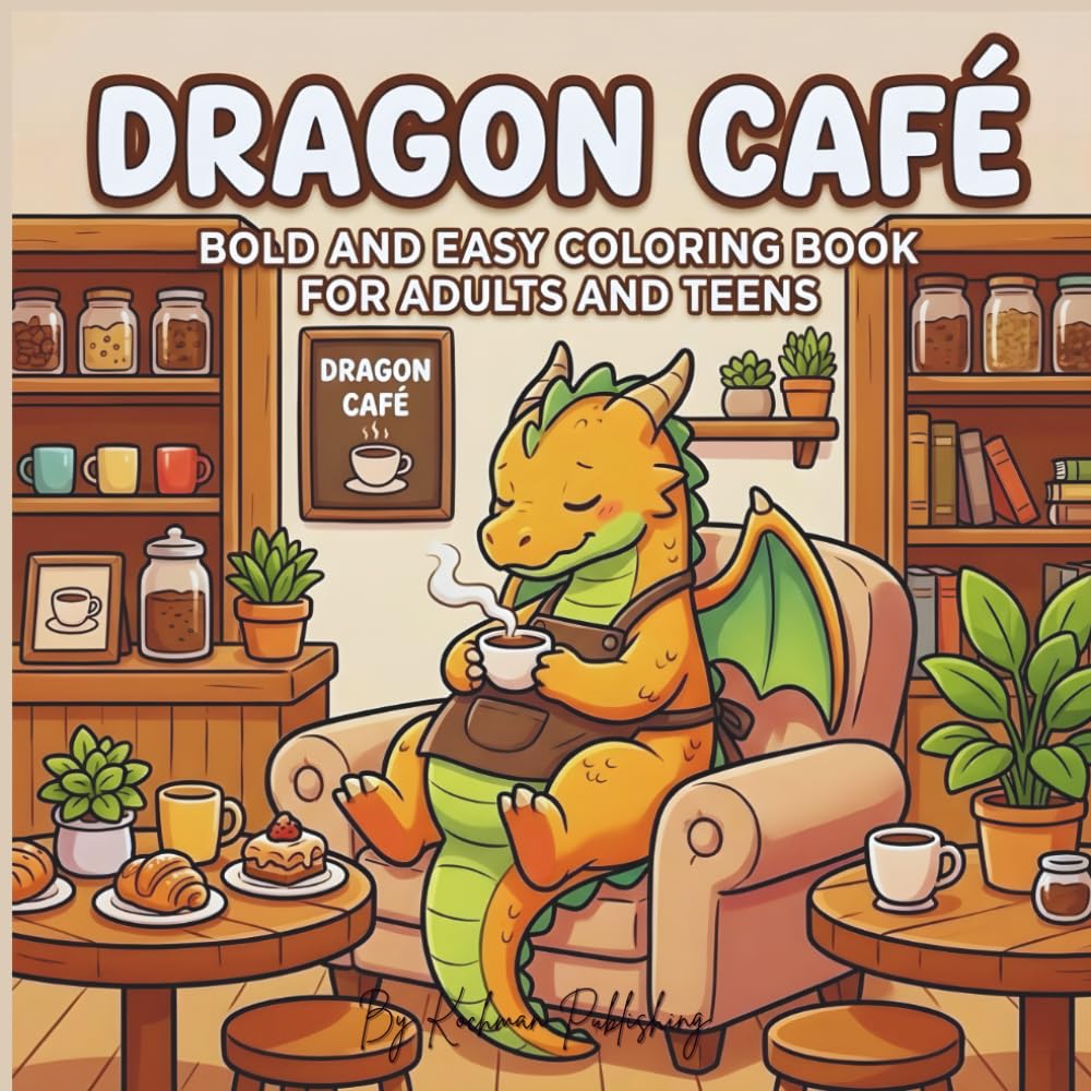 Dragon Café: Bold and Easy Coloring Book for Adults and Teens – Simple, Funny, and Big Illustrations of Dragons, Coffee, and Pastries for Stress Relief