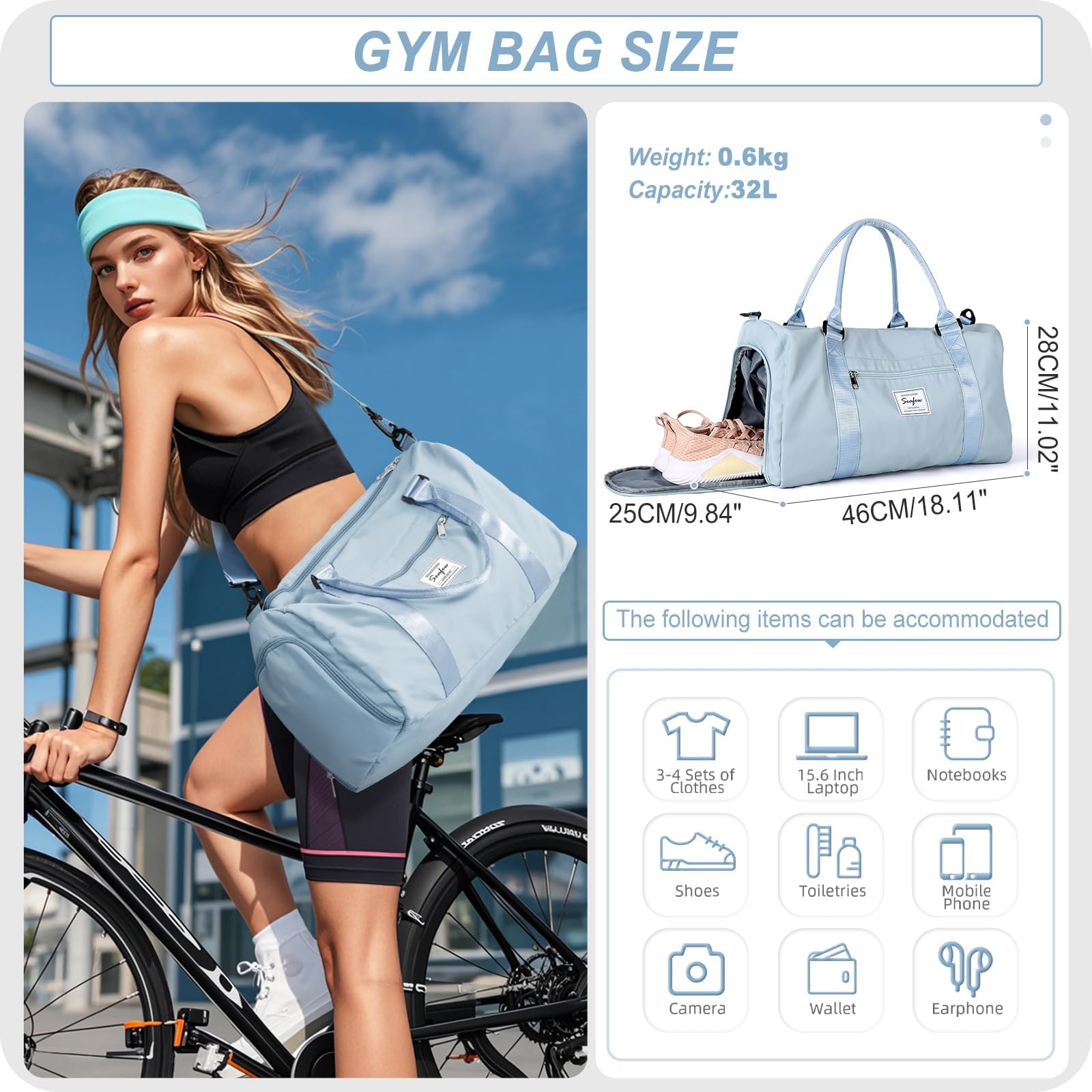 HYC00 Borsone Palestra Donna Uomo Borsa Sportiva con Scomparto Scarpe Borsone da Viaggio Sports Gym Bag Grande Borse da Palestra Piscina Donna Fitness Weekend Duffel Bag Borsa per Ospedale,H3-Azzurro