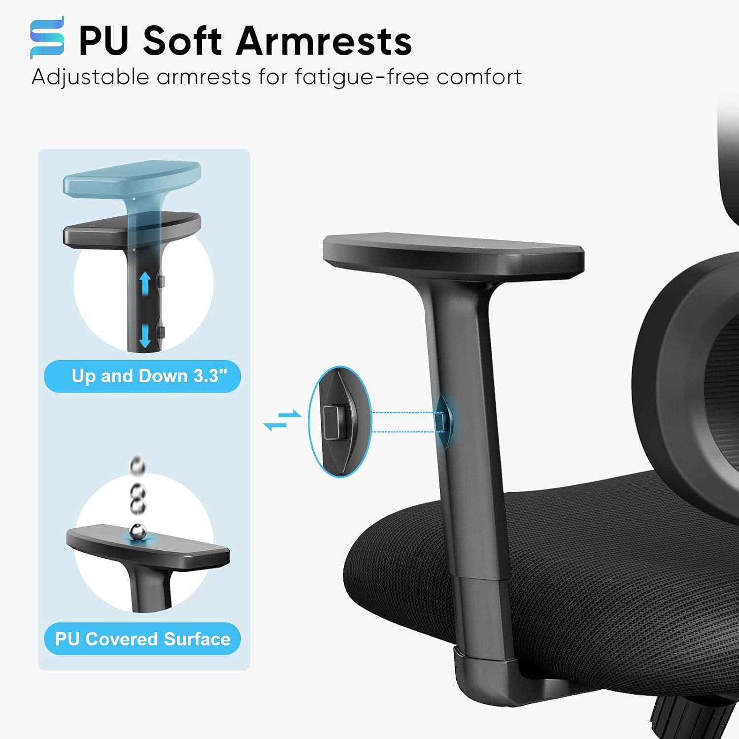 Diagram showing the adjustable PU soft armrests of the Sytas Ergonomic Office Chair, with an arrow indicating vertical adjustment.