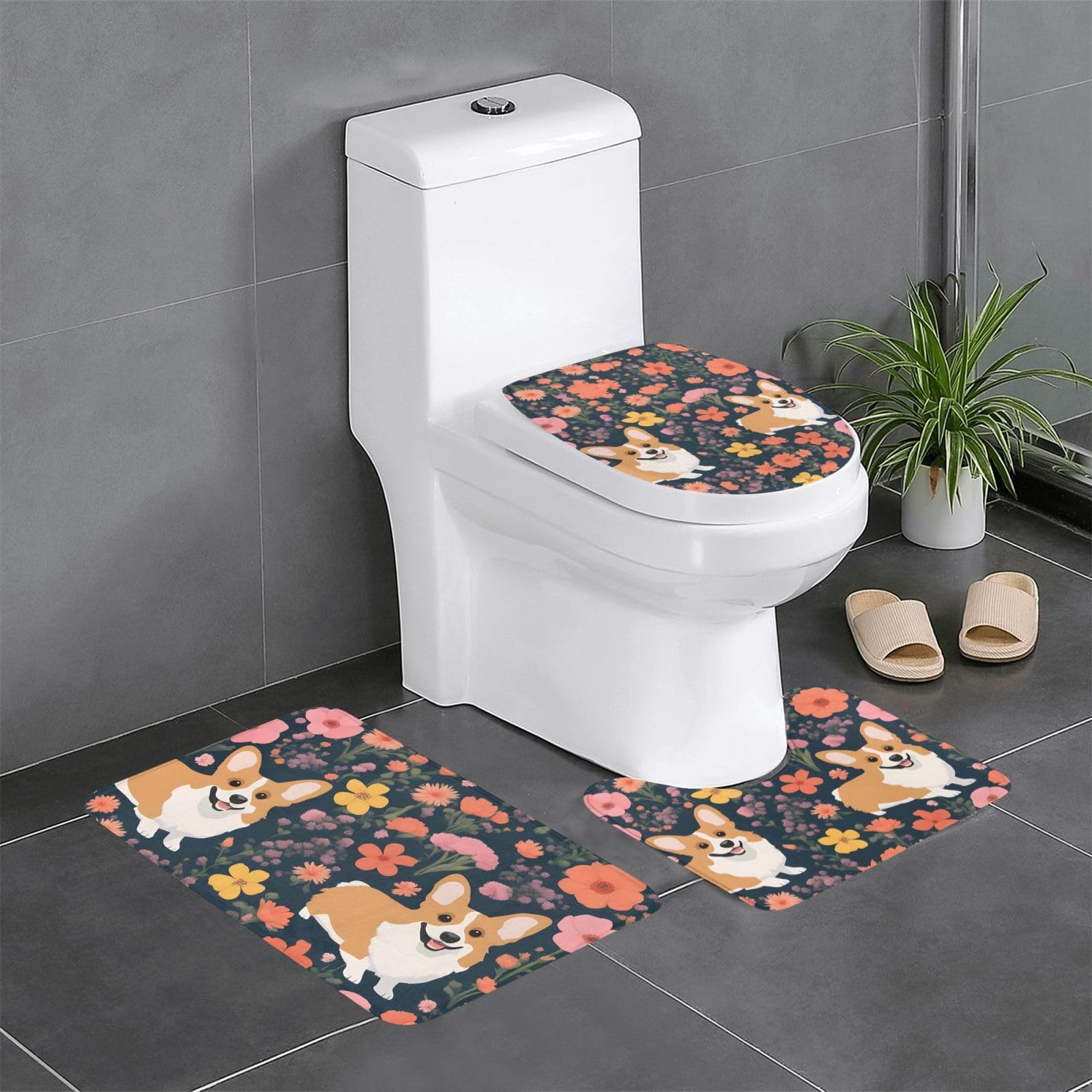 Tapis de bain antidérapants Corgi à motif floral pour sécuriser vos sols de WC
