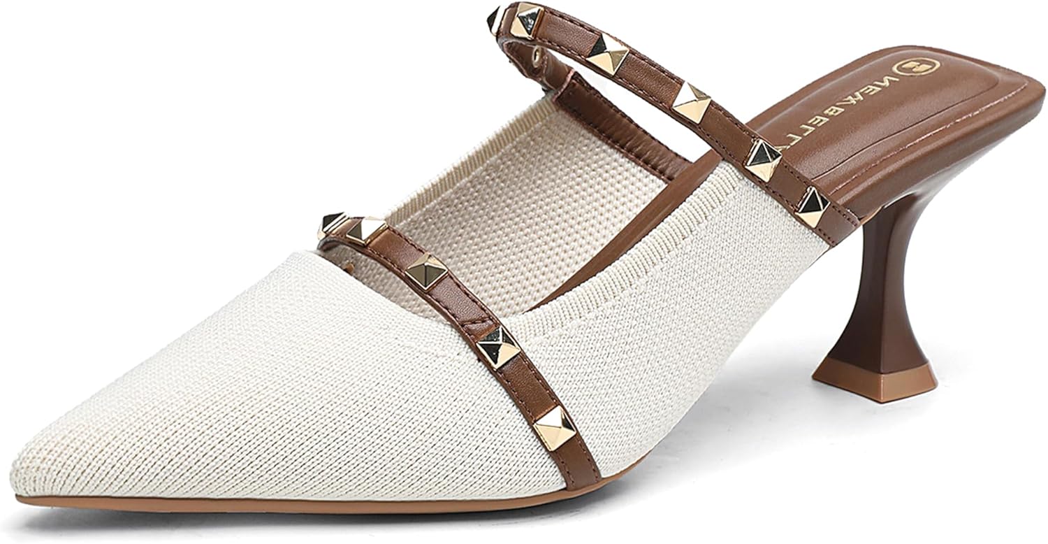 NEWBELLA Women's Pointed Toe Kitten Heel Mules - Elegant Slip-On Heeled Sandals, Low Heel Dress Shoes for Office, Wedding & Evening Wear