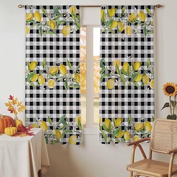 Lemon Sheer Curtains 63 Inches Length 2 Panels Set, Window Sheer Curtains for Living Room/Bedroom, Farmhouse Summer Botanical Fruit Black White Plaid Light Filtering Rod Pocket Curtain 52 x 63 x 2