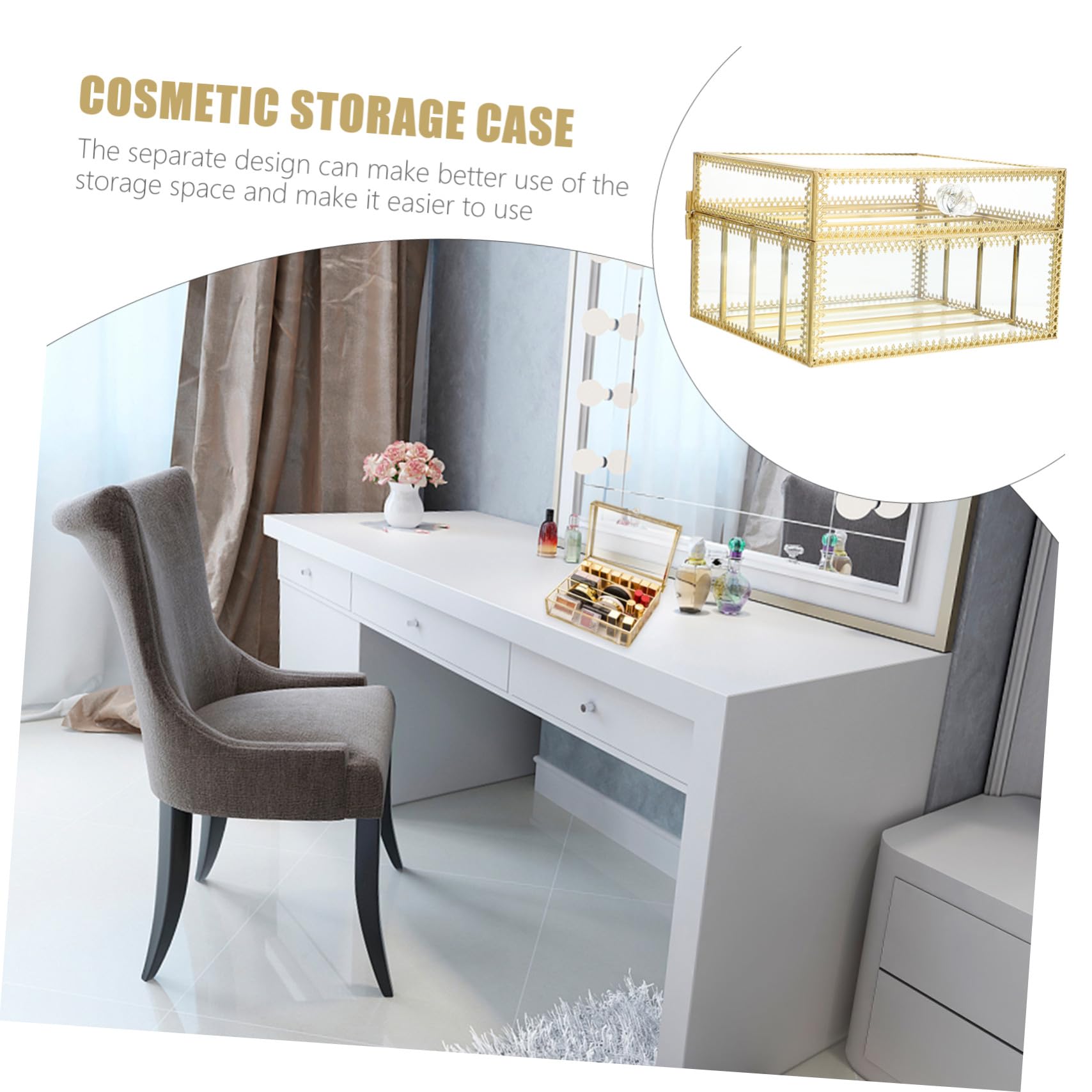 GALPADA Organizzatore Cosmetici in Vetro e Ottone Coperchio, Scatola Portatrucchi da Scrivania Media, Contenitore per Cipria Rossetto Ombretto, Organizer Salvaspazio per Trucco da Tavolo