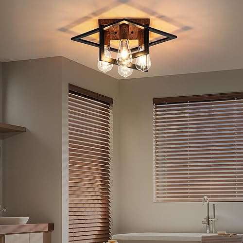 Miniatura 7 de Lámpara de techo semiempotrada, lámpara de techo industrial de 4 luces con marco negro y detalle de grano de madera, iluminación de granja cerca del
