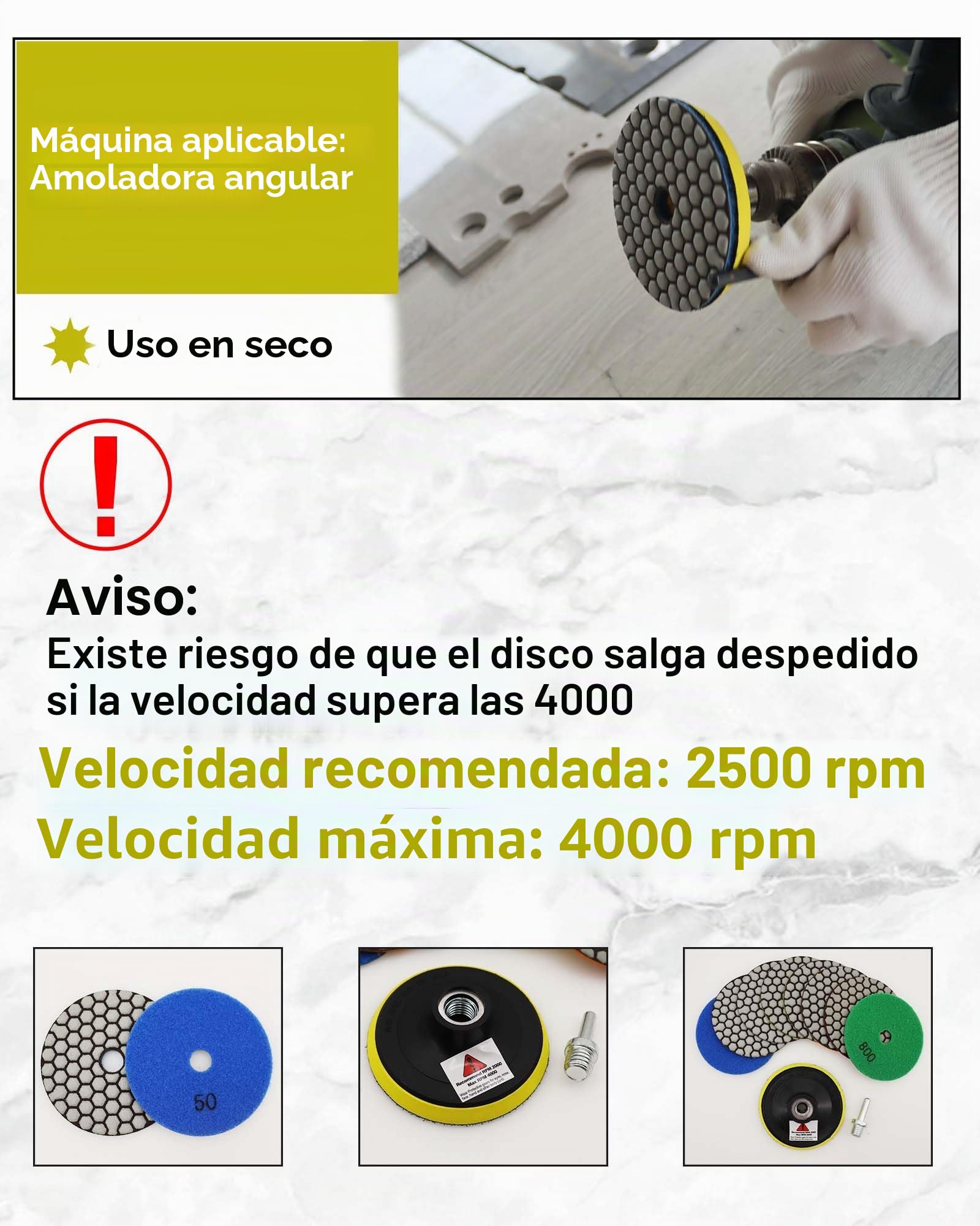 Almohadillas Pulido Diamante Seco 4"/100mm - 8piezas Grano 50 Discos Pulido para Granito Mármol Piedra Artificial Cuarzo para Amoladora Angular SANLEETEK