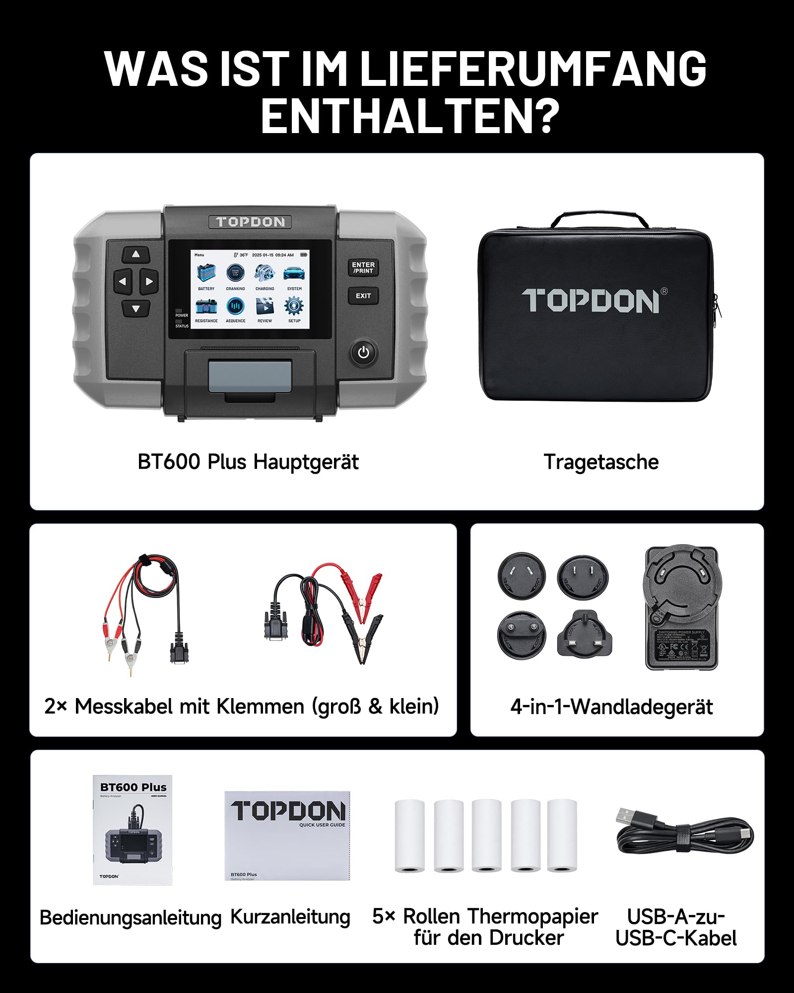 TOPDON Batterietester kfz BT600 Plus, Autobatterie Tester für 6V/12V/24V | 12V/24V Start-, Lade- und Systemtests, Widerstands- und Sequenztests, 3,5" Display mit integriertem Akku und Drucker