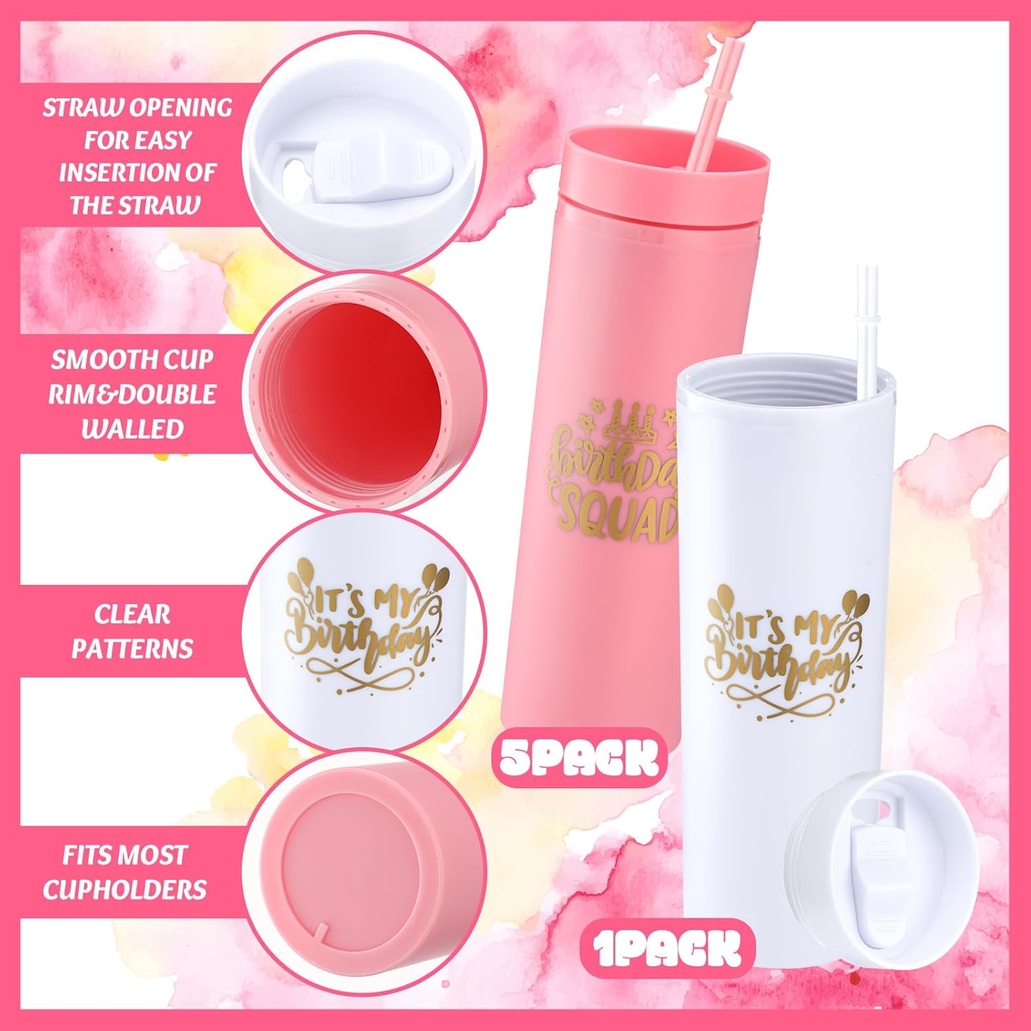 6 Pcs Birthday Party Tumblers 16 oz Birthday Squad Skinny Tumbler with Lid and Straw Double Wall Plastic Tumblers for 20th 30th 40th 50th 60th Birthday Party Favor for Women(Pink) - Image 3