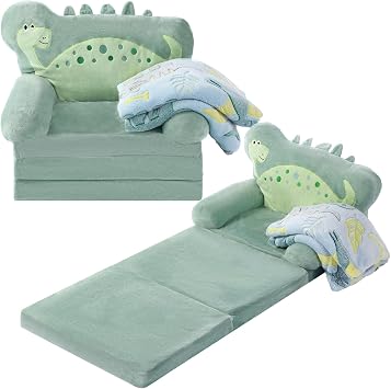 Couch, 2-in-1 Fold Out Sofa, Flip-Out Foam Chair with Cozy Flannel Blanket, Soft Plush Sofa for Reading, Playroom and BedroomGreen Dinosaur